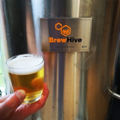 Image of BrewHive logo on fermenter with glass of beer.